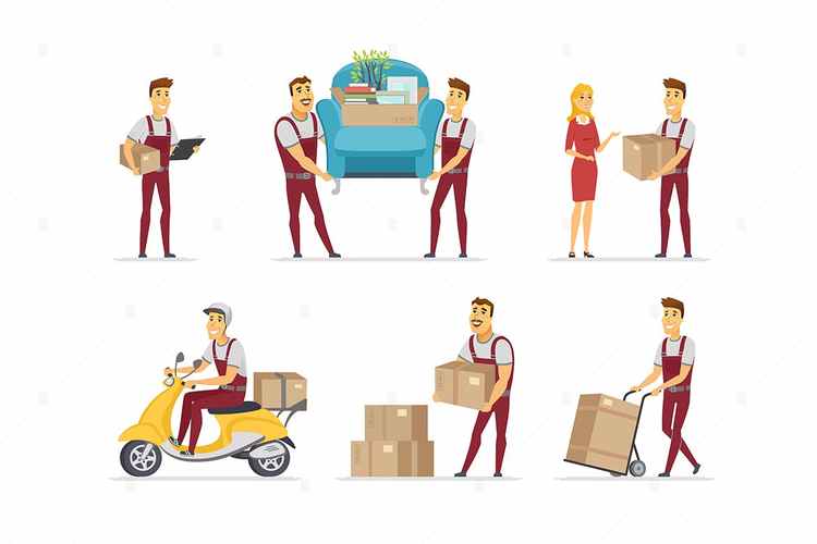送货和搬家服务卡通人物矢量设计素材 delivery and moving service